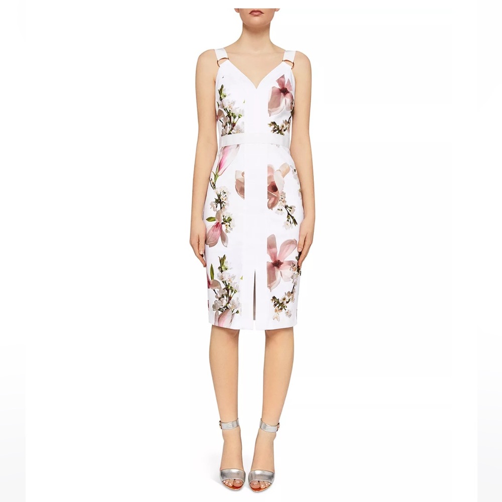 TED BAKER Irasela white floral midi dress with rose gold hardware, size 1